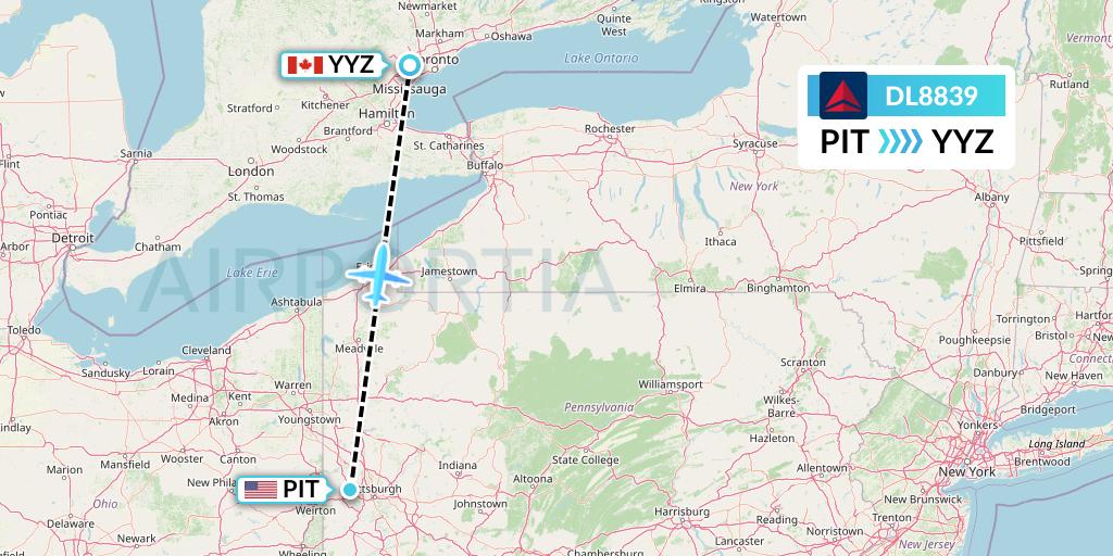 DL8839 Delta Air Lines Flight Map: Pittsburgh to Toronto