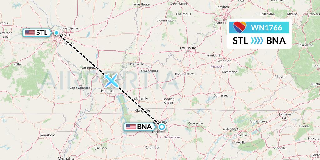 WN1766 Southwest Airlines Flight Map: St. Louis to Nashville
