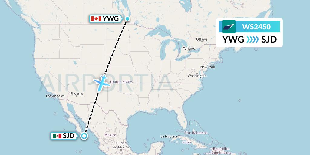 WS2450 WestJet Flight Map: Winnipeg to San Jose del Cabo