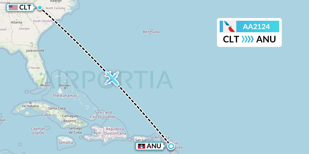 AA2124 American Airlines Flight Map: Charlotte to Antigua