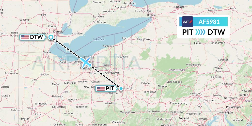 AF5981 Air France Flight Map: Pittsburgh to Detroit