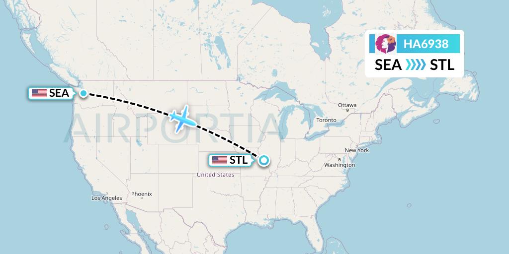 HA6938 Hawaiian Airlines Flight Map: Seattle to St. Louis