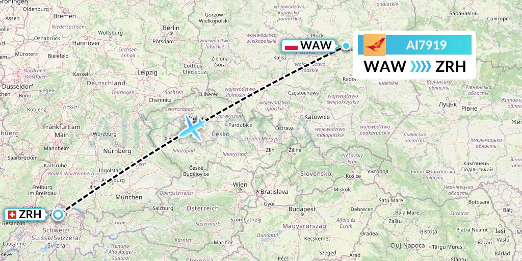 AI7919 Air India Flight Map: Warsaw to Zurich