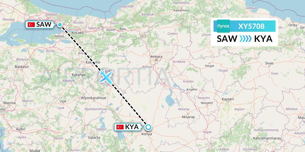 XY5708 Flynas Flight Map: Istanbul to Konya