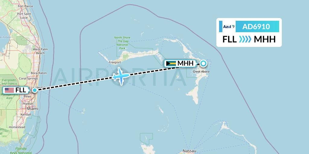 AD6910 Azul Brazilian Airlines Flight Map: Fort Lauderdale to Marsh Harbour