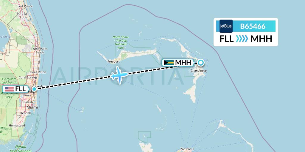 B65466 JetBlue Airways Flight Map: Fort Lauderdale to Marsh Harbour
