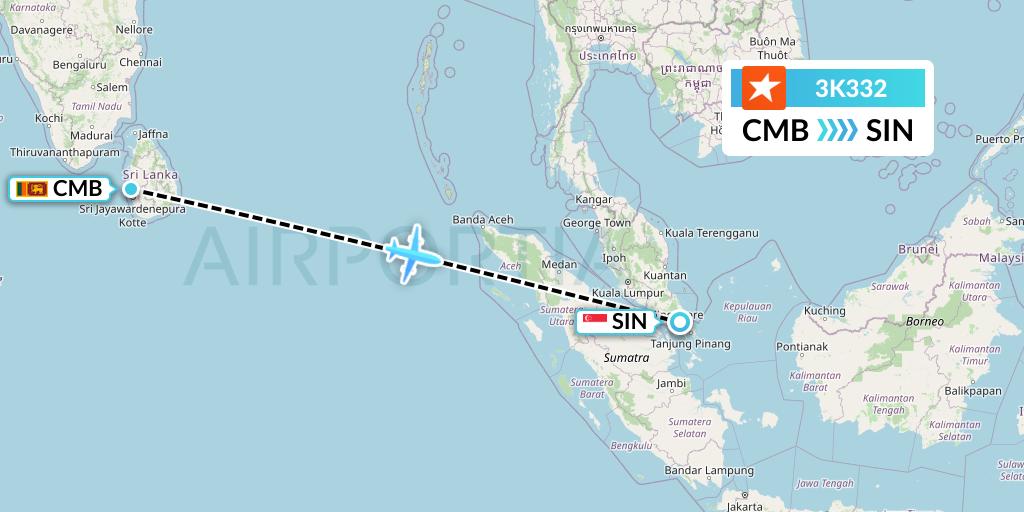3K332 Jetstar Asia Flight Map: Colombo to Singapore