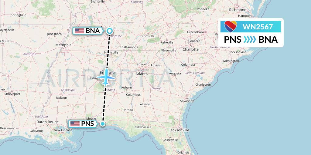 WN2567 Southwest Airlines Flight Map: Pensacola to Nashville