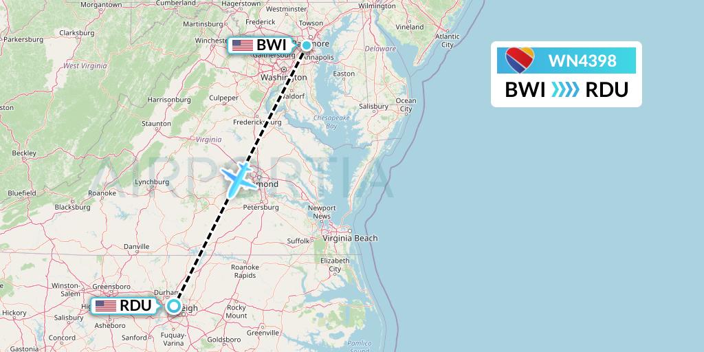 WN4398 Southwest Airlines Flight Map: Baltimore to Raleigh-Durham