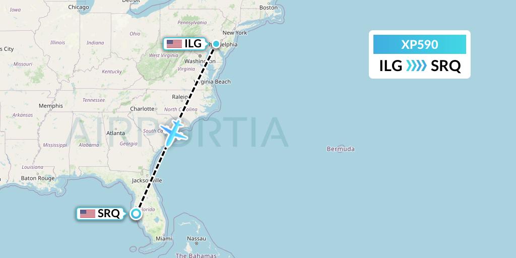 XP590 Avelo Airlines Flight Map: Wilmington to Sarasota