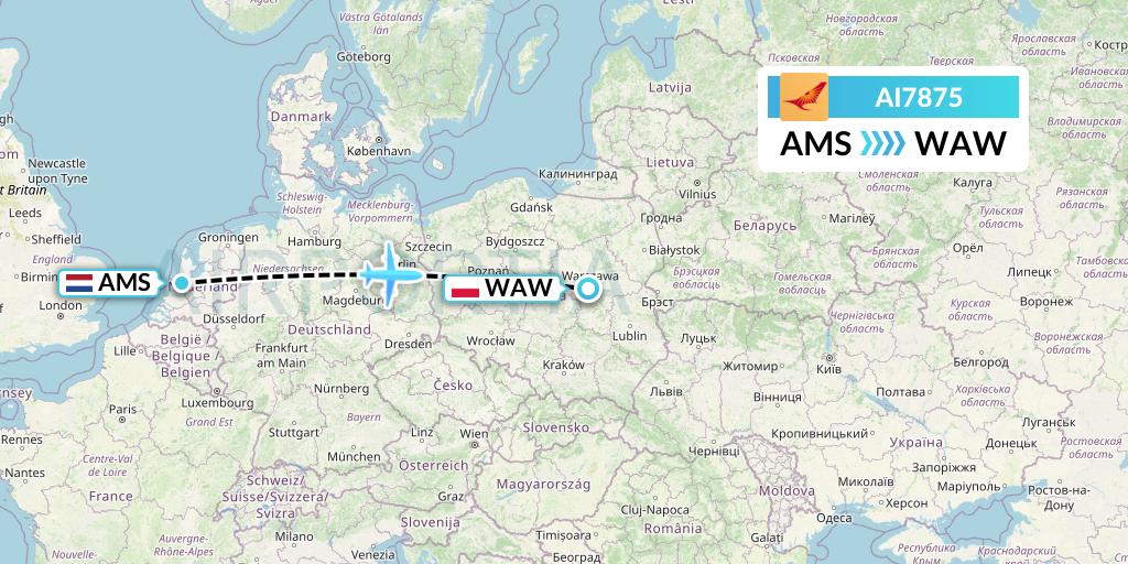 AI7875 Air India Flight Map: Amsterdam to Warsaw