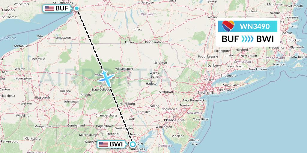 WN3490 Southwest Airlines Flight Map: Buffalo to Baltimore