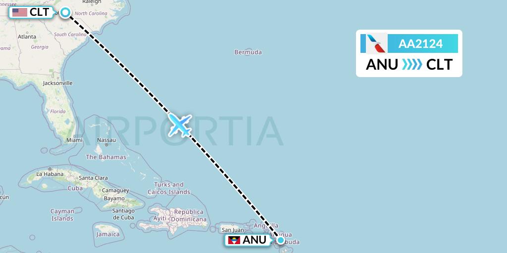 AA2124 American Airlines Flight Map: Antigua to Charlotte