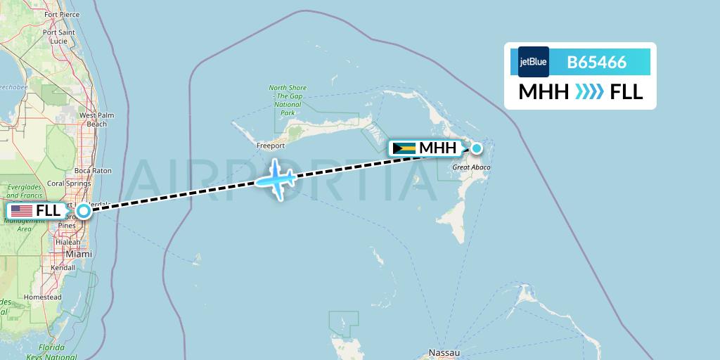 B65466 JetBlue Airways Flight Map: Marsh Harbour to Fort Lauderdale