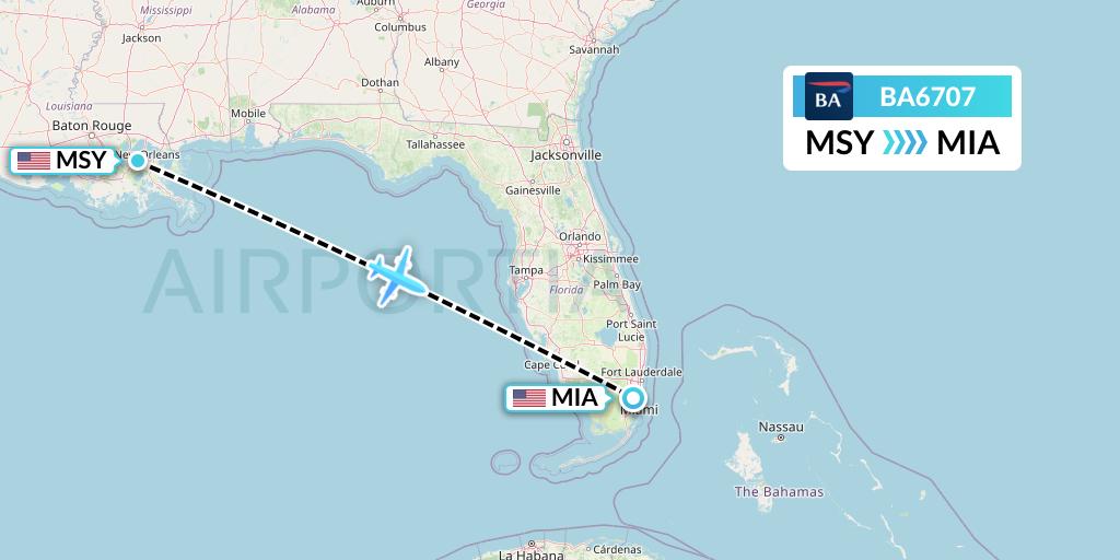 BA6707 British Airways Flight Map: New Orleans to Miami