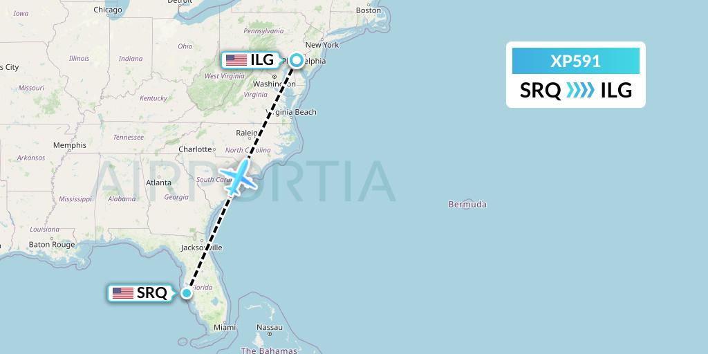 XP591 Avelo Airlines Flight Map: Sarasota to Wilmington