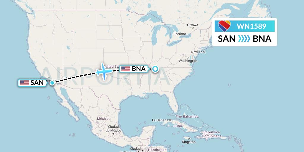 WN1589 Southwest Airlines Flight Map: San Diego to Nashville