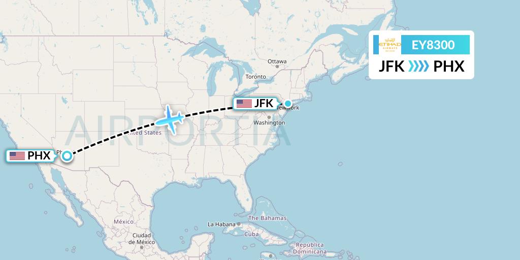 EY8300 Etihad Airways Flight Map: New York to Phoenix