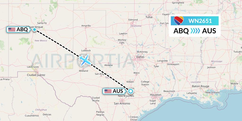 WN2651 Southwest Airlines Flight Map: Albuquerque to Austin