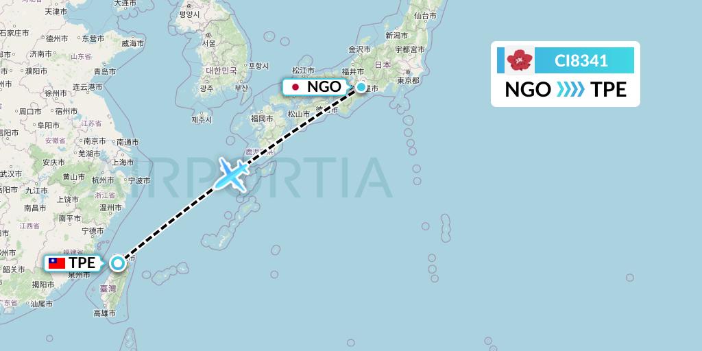 CI8341 China Airlines Flight Map: Nagoya to Taipei