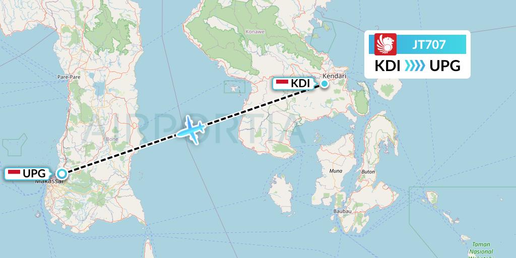 JT707 Lion Airlines Flight Map: Kendari to Makassar