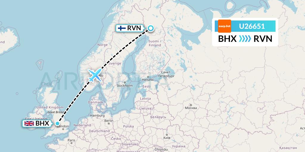 U26651 EasyJet Flight Map: Birmingham to Rovaniemi