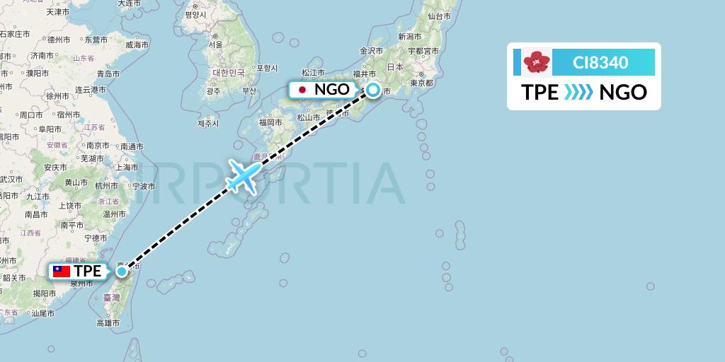 CI8340 China Airlines Flight Map: Taipei to Nagoya