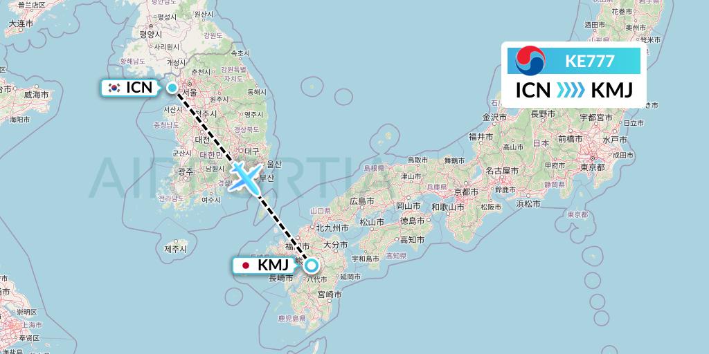 KE777 Korean Air Flight Map: Seoul to Kumamoto