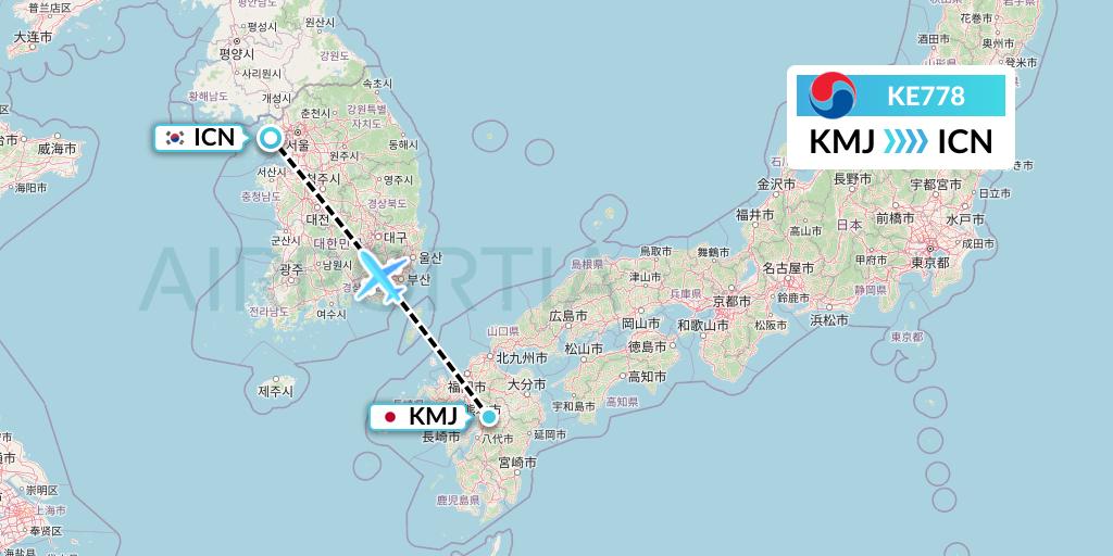 KE778 Korean Air Flight Map: Kumamoto to Seoul