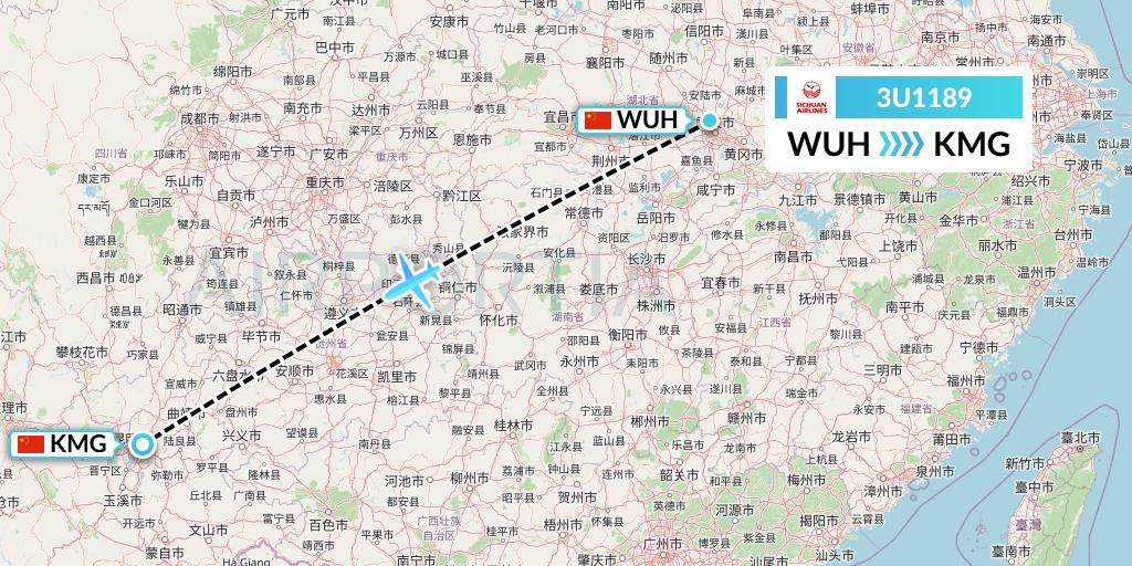 3U1189 Sichuan Airlines Flight Map: Wuhan to Kunming
