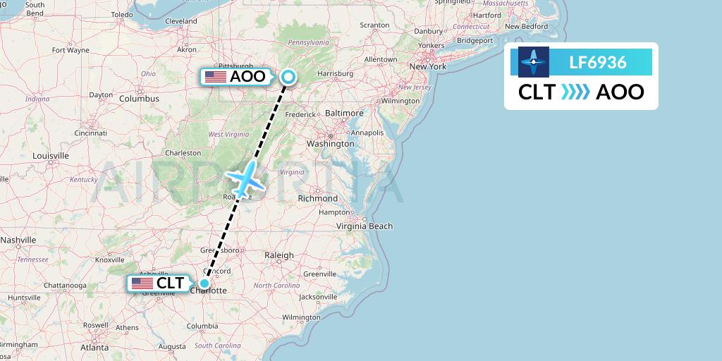 LF6936 Corporate Flight Management Flight Map: Charlotte to Altoona