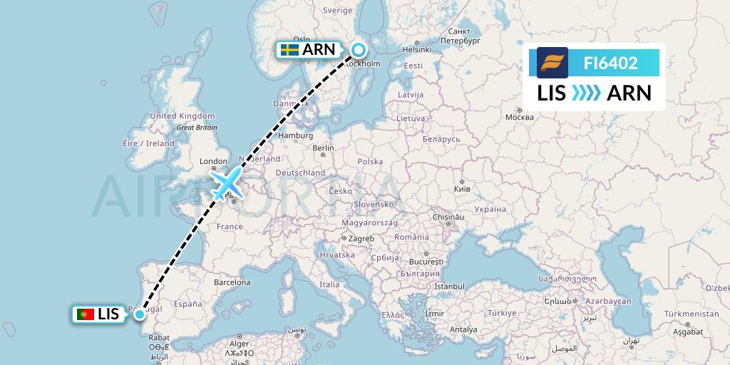 FI6402 Icelandair Flight Map: Lisbon to Stockholm
