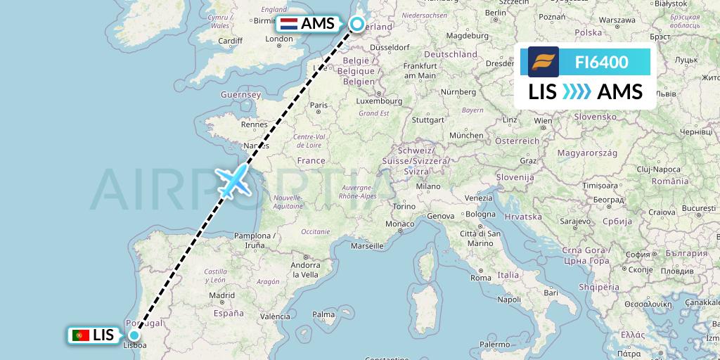 FI6400 Icelandair Flight Map: Lisbon to Amsterdam