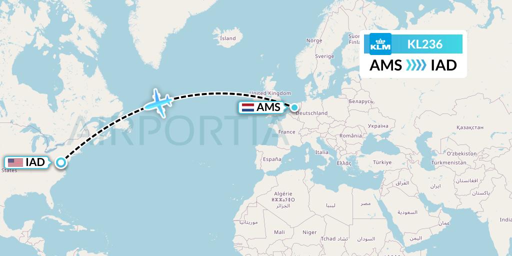 KL236 KLM Flight Map: Amsterdam to Washington