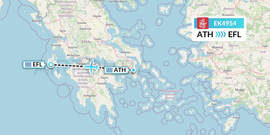 EK4954 Emirates Flight Map: Athens to Kefalonia