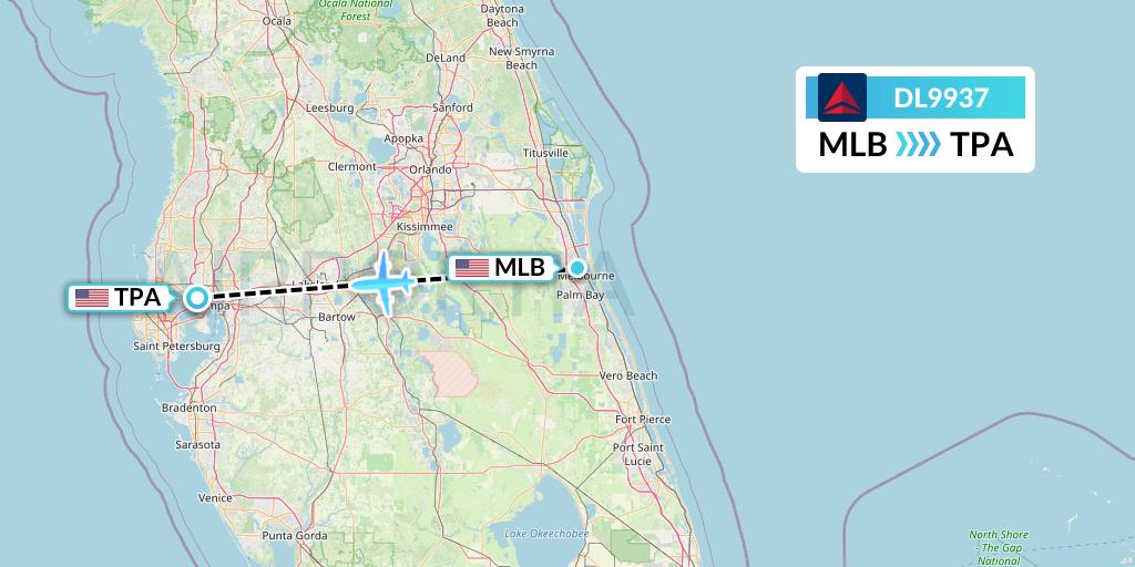 DL9937 Delta Air Lines Flight Map: Melbourne to Tampa