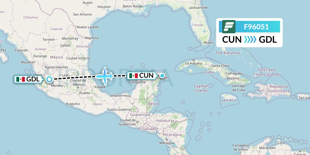 F96051 Frontier Airlines Flight Map: Cancun to Guadalajara