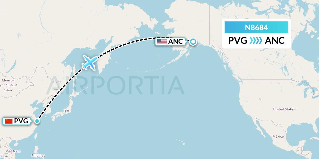 N8684 National Airlines Flight Map: Shanghai to Anchorage