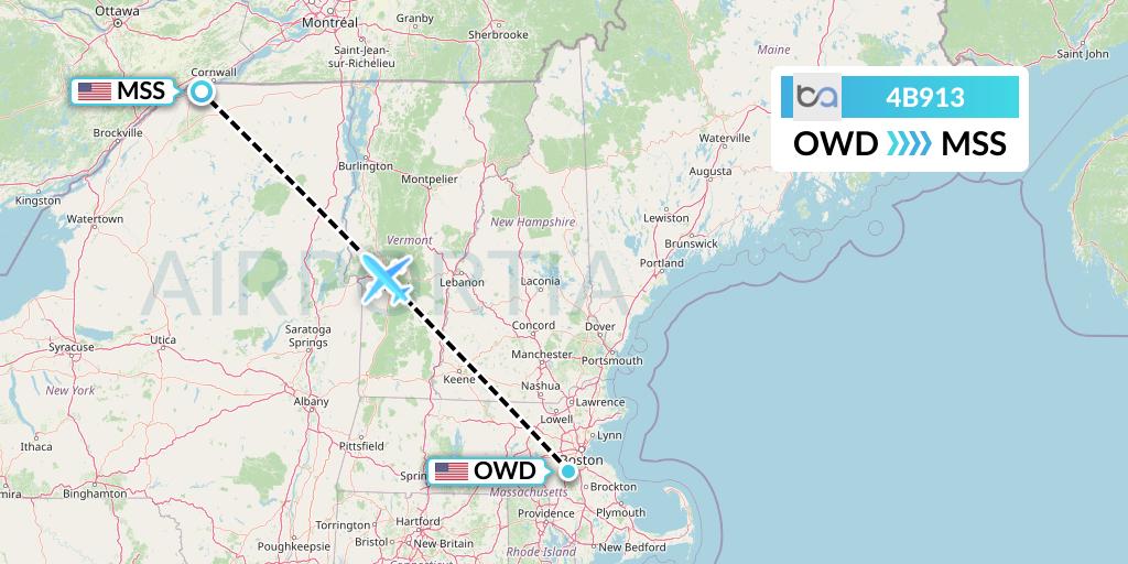 4B913 Boutique Air Flight Map: Norwood to Massena
