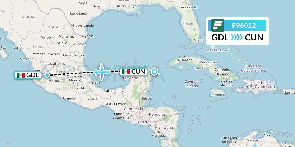 F96052 Frontier Airlines Flight Map: Guadalajara to Cancun