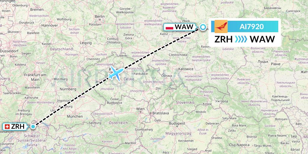 AI7920 Air India Flight Map: Zurich to Warsaw