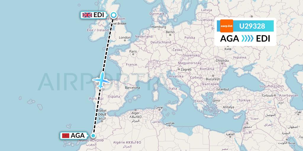 U29328 EasyJet Flight Map: Agadir to Edinburgh