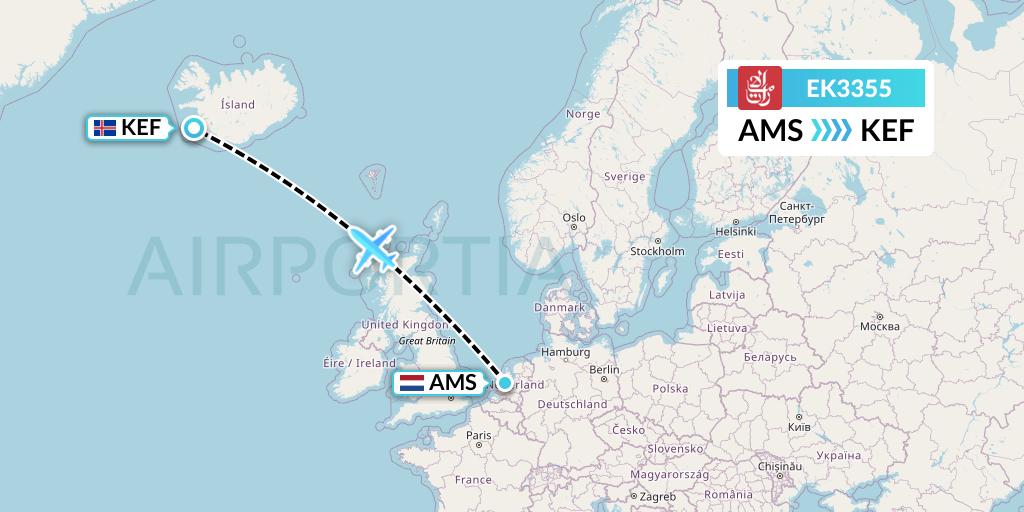 EK3355 Emirates Flight Map: Amsterdam to Reykjavik
