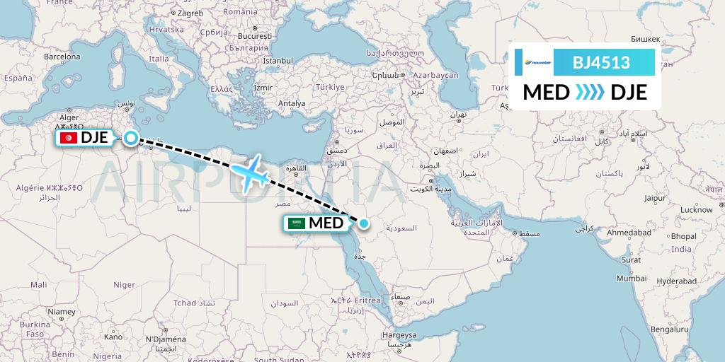 BJ4513 Nouvelair Tunisie Flight Map: Medina to Djerba