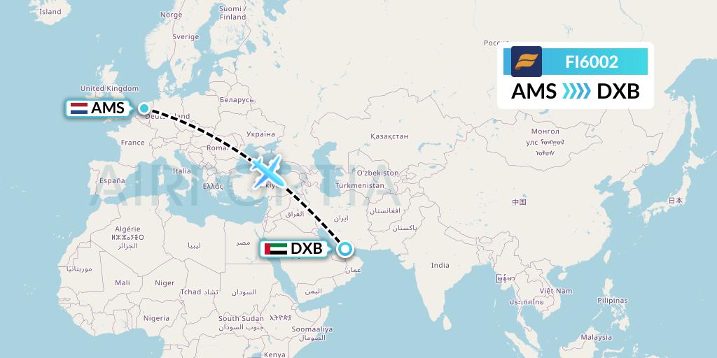 FI6002 Icelandair Flight Map: Amsterdam to Dubai