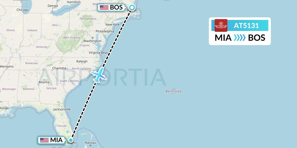 AT5131 Royal Air Maroc Flight Map: Miami to Boston