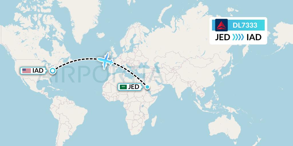DL7333 Delta Air Lines Flight Map: Jeddah to Washington
