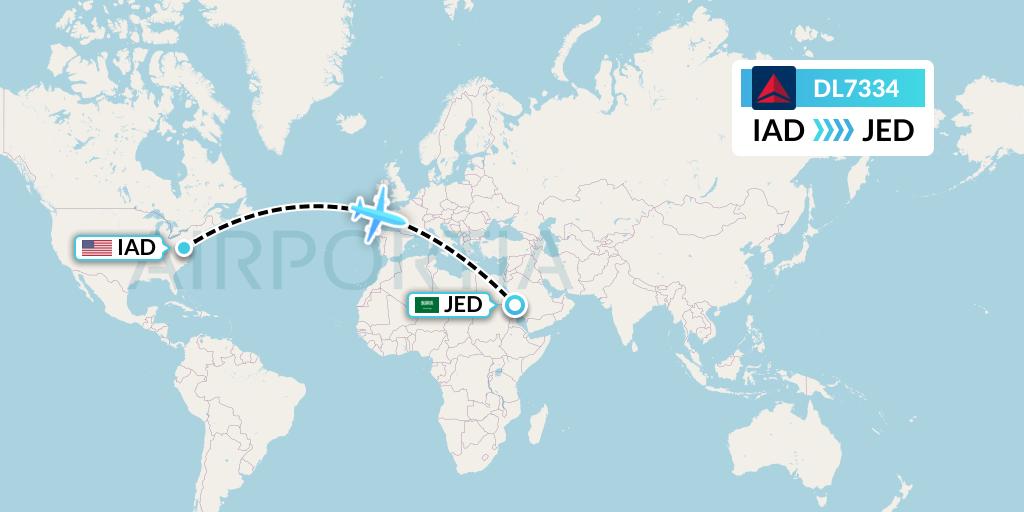 DL7334 Delta Air Lines Flight Map: Washington to Jeddah
