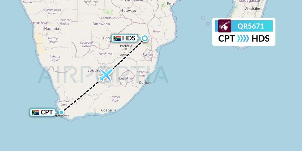 QR5671 Qatar Airways Flight Map: Cape Town to Hoedspruit