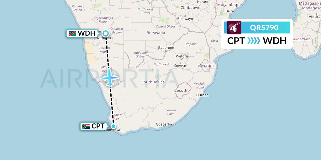 QR5790 Qatar Airways Flight Map: Cape Town to Windhoek